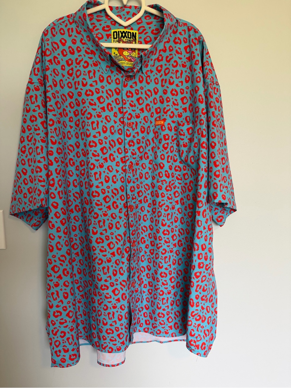 DIXXON Turquoise Button-Down with Red Orange Leopard Print